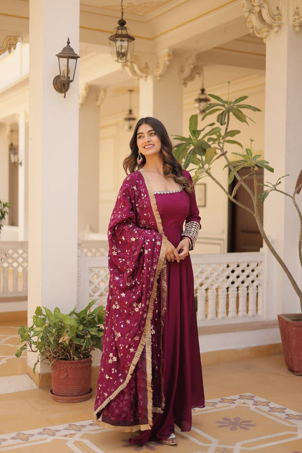 Elegant Vichitra Silk Magenta Gown with Embroidery Zari Sequins Work and Designer Dupatta