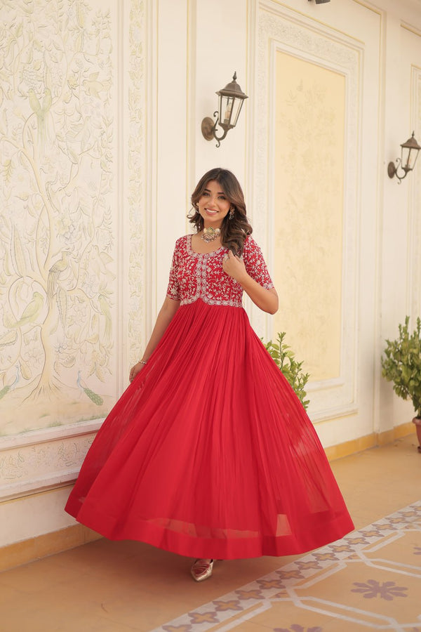 Luxury Designer Red Gown with Zari-Thread & Sequins Embroidery – Ready-to-Wear Elegance