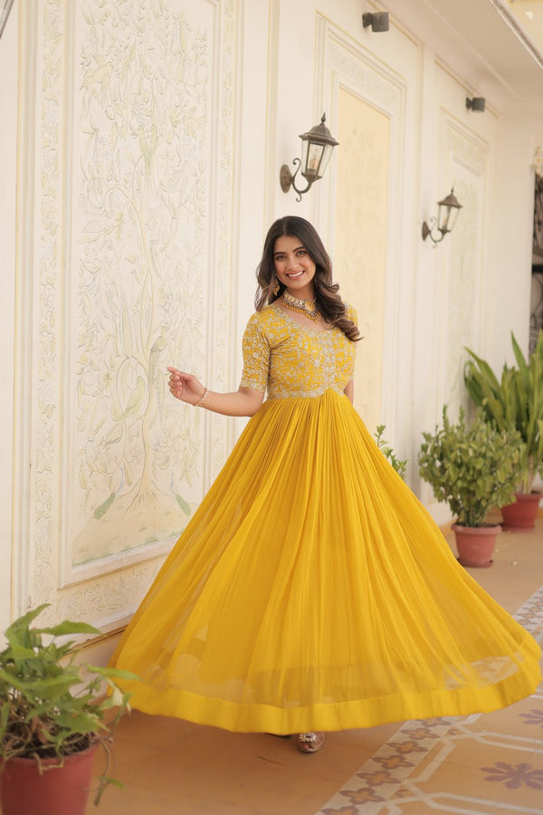 Luxury Designer Yellow Gown with Zari-Thread & Sequins Embroidery – Ready-to-Wear Elegance