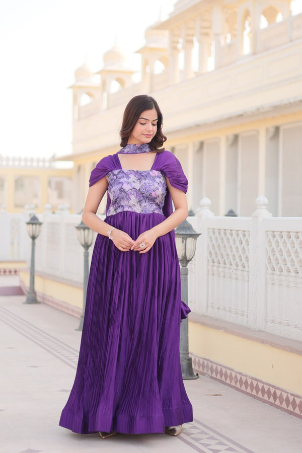 Designer Purple Gown Dupatta Set with Position Print Work and Fancy Balloon Sleeves