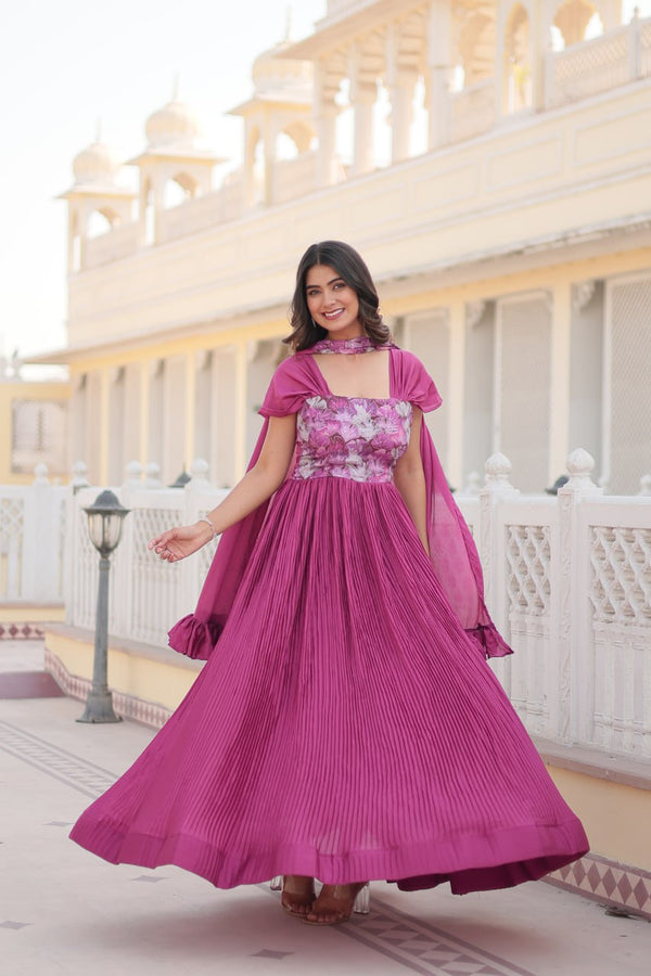 Designer Pink Gown Dupatta Set with Position Print Work and Fancy Balloon Sleeves