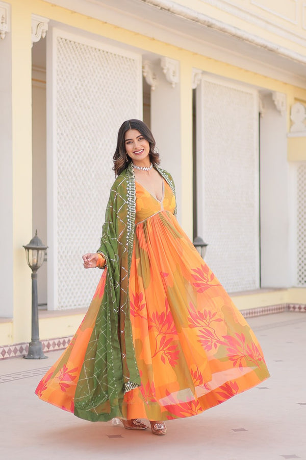 Premium Ready-Made Orange Alia Cut Gown with Dupatta Set – Digital Printed Russian Silk & Embroidery