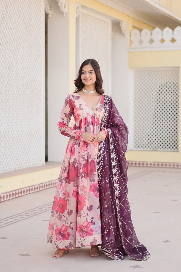 Premium Ready-Made Pink Alia Cut Gown with Dupatta Set – Digital Printed Russian Silk & Embroidery