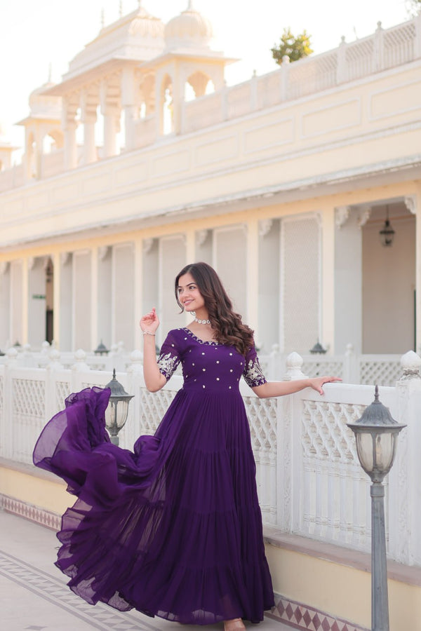 Premium Designer Readymade Purple Gown – Faux Blooming Fabric with Zari-Thread & Sequins Embroidery