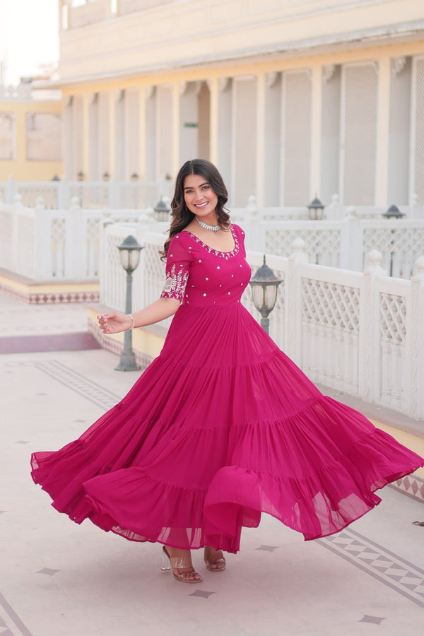 Premium Designer Readymade Pink  Gown – Faux Blooming Fabric with Zari-Thread & Sequins Embroidery