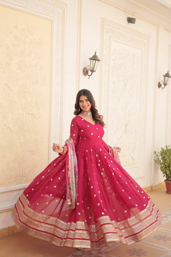 Premium Designer Faux Georgette Embroidered Gown with Printed Dupatta-Pink