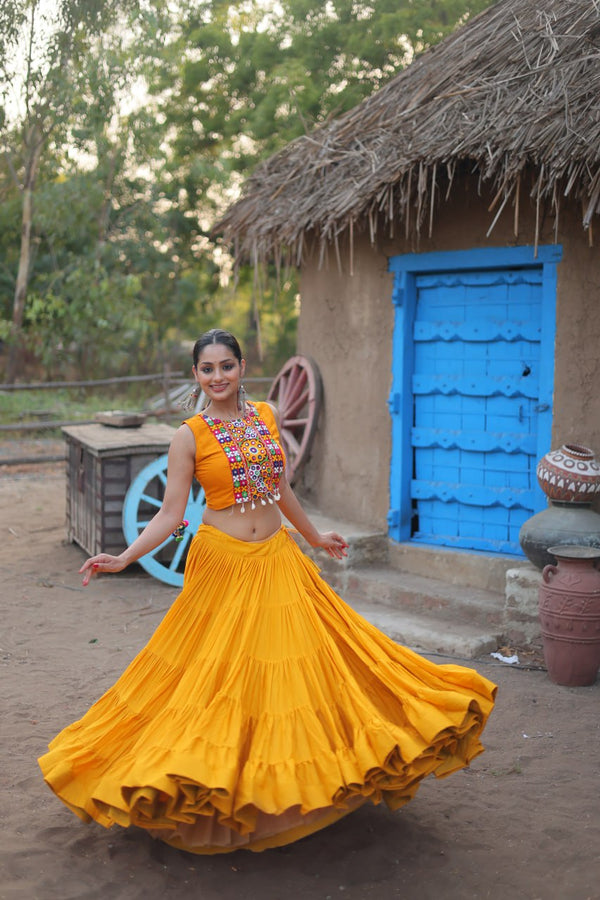 Navratri Special Rayon Lehenga Choli Set with Embroidered Koti – Elegant & Traditional Design (KA-5034-Yellow)