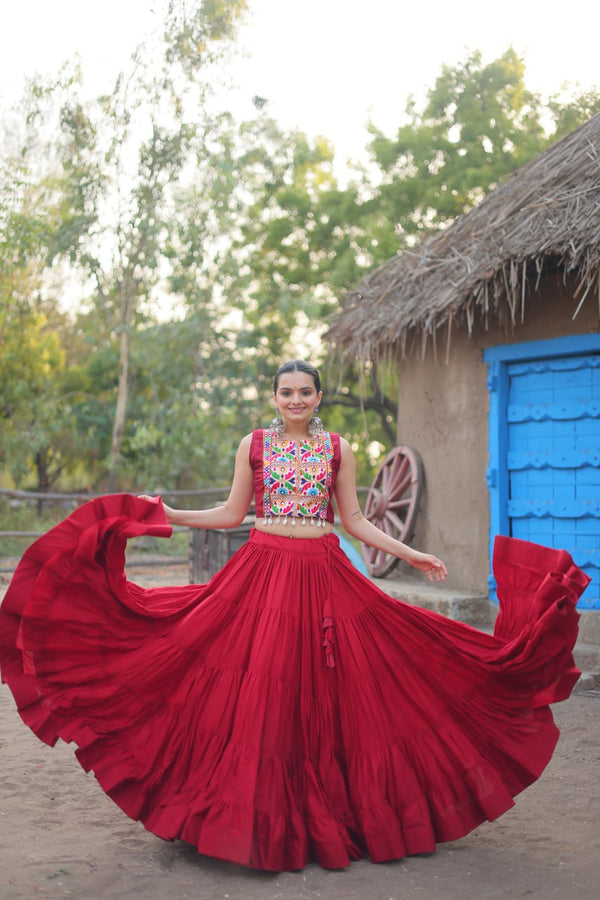 Navratri Special Rayon Lehenga Choli Set with Embroidered Koti – Elegant & Traditional Design (KA-5034-Red)