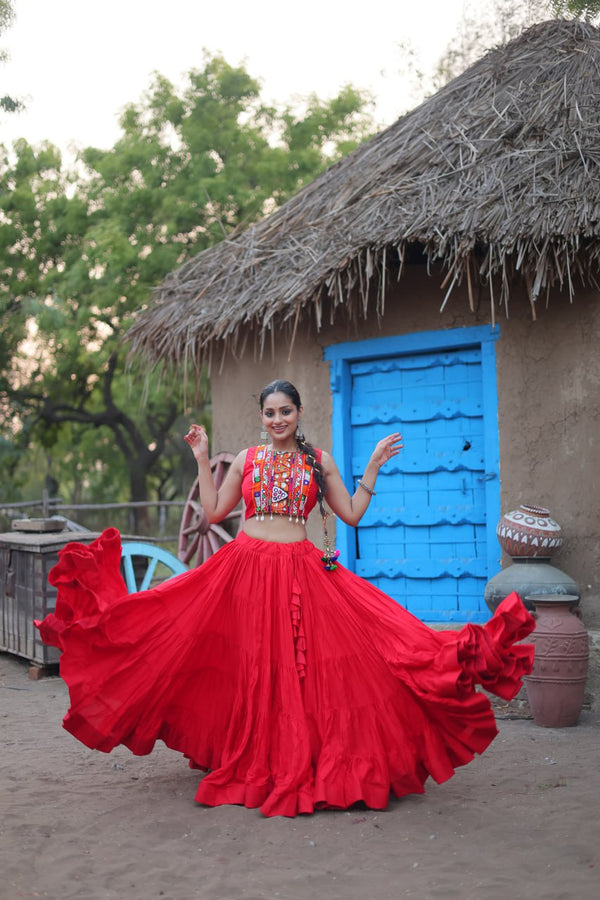 Adorable Designer Readymade Rayon Lehenga Choli Set with Embroidered Koti (KA-5034-2-Red)