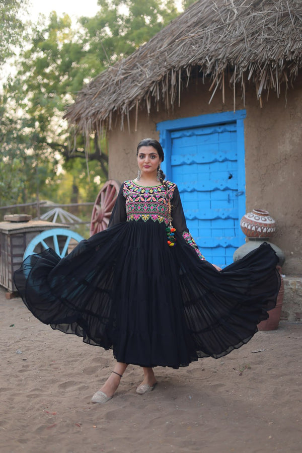 Elegant Faux Blooming Gown with Kutchi Gamthi Work – Available in Black (KA-1115)