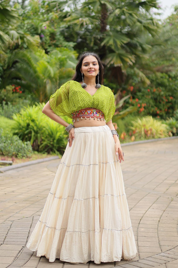 Adorable Designer Cotton Lehenga Choli Set with Leheriya Print & Kutchi Patchwork – Available in Green (KA-5037)