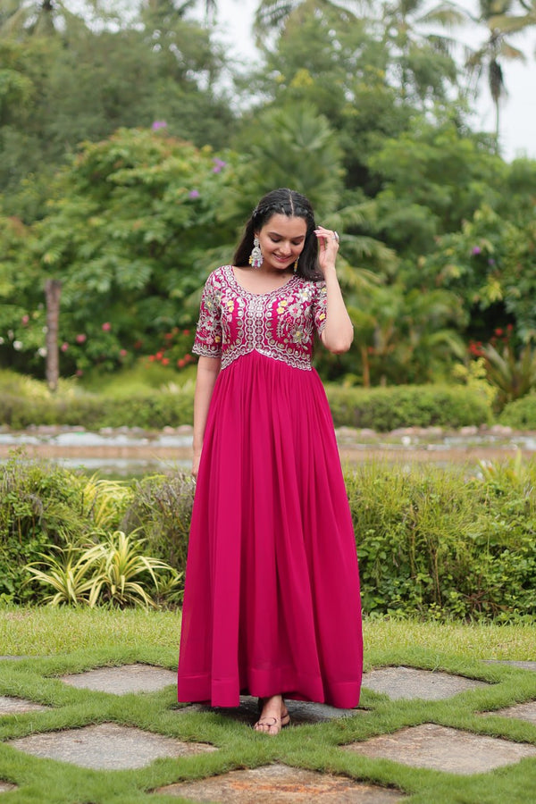 Premium Designer Faux Blooming Embroidery Gown | Zari-Thread & Sequins Work | Ready-to-Wear | Pink