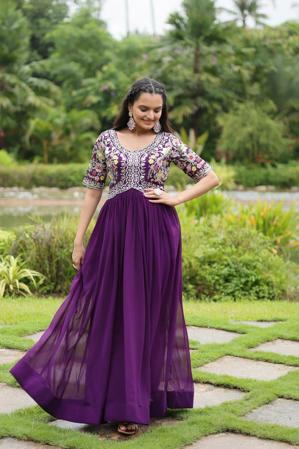 Premium Designer Faux Blooming Embroidery Gown | Zari-Thread & Sequins Work | Ready-to-Wear | Purple