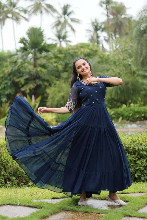 Premium Designer Faux Blooming Gown with Zari Sequins Embroidery – KA-1097-2-Navy